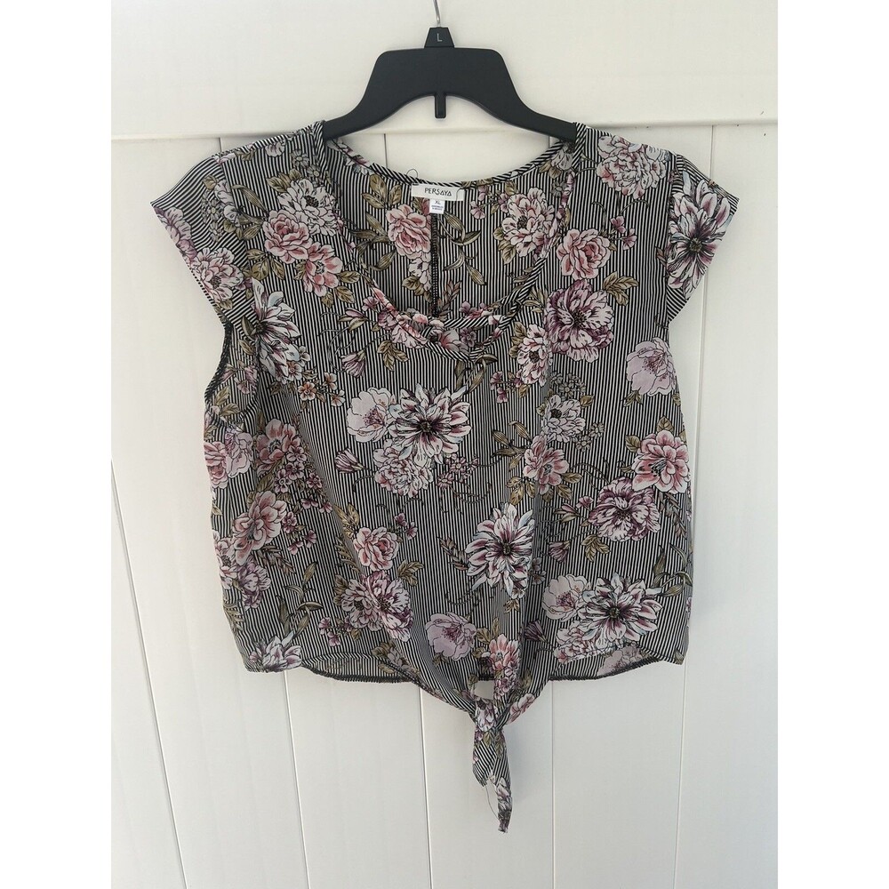 Persaya Women's Top Short Sleeve Front Tie V-neck Floral Multicolor size XL